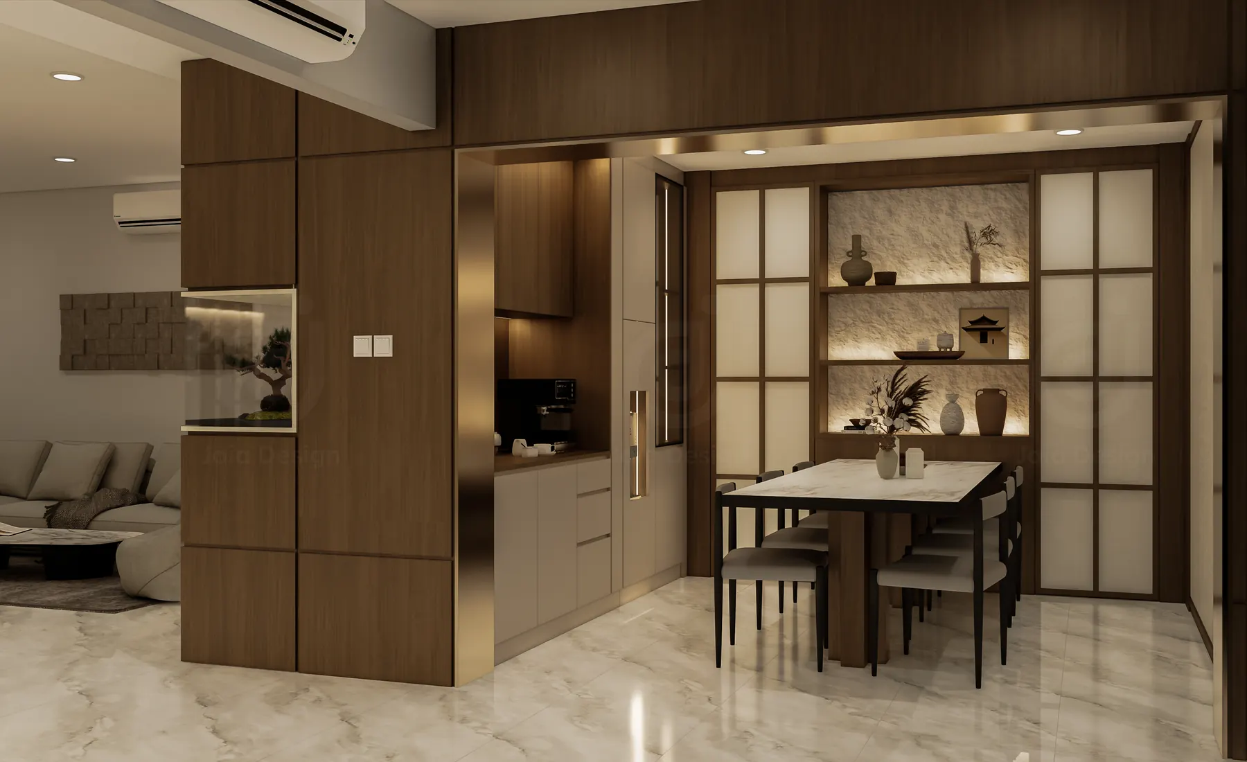 Open-plan view through a timber portal to the kitchen and dining table