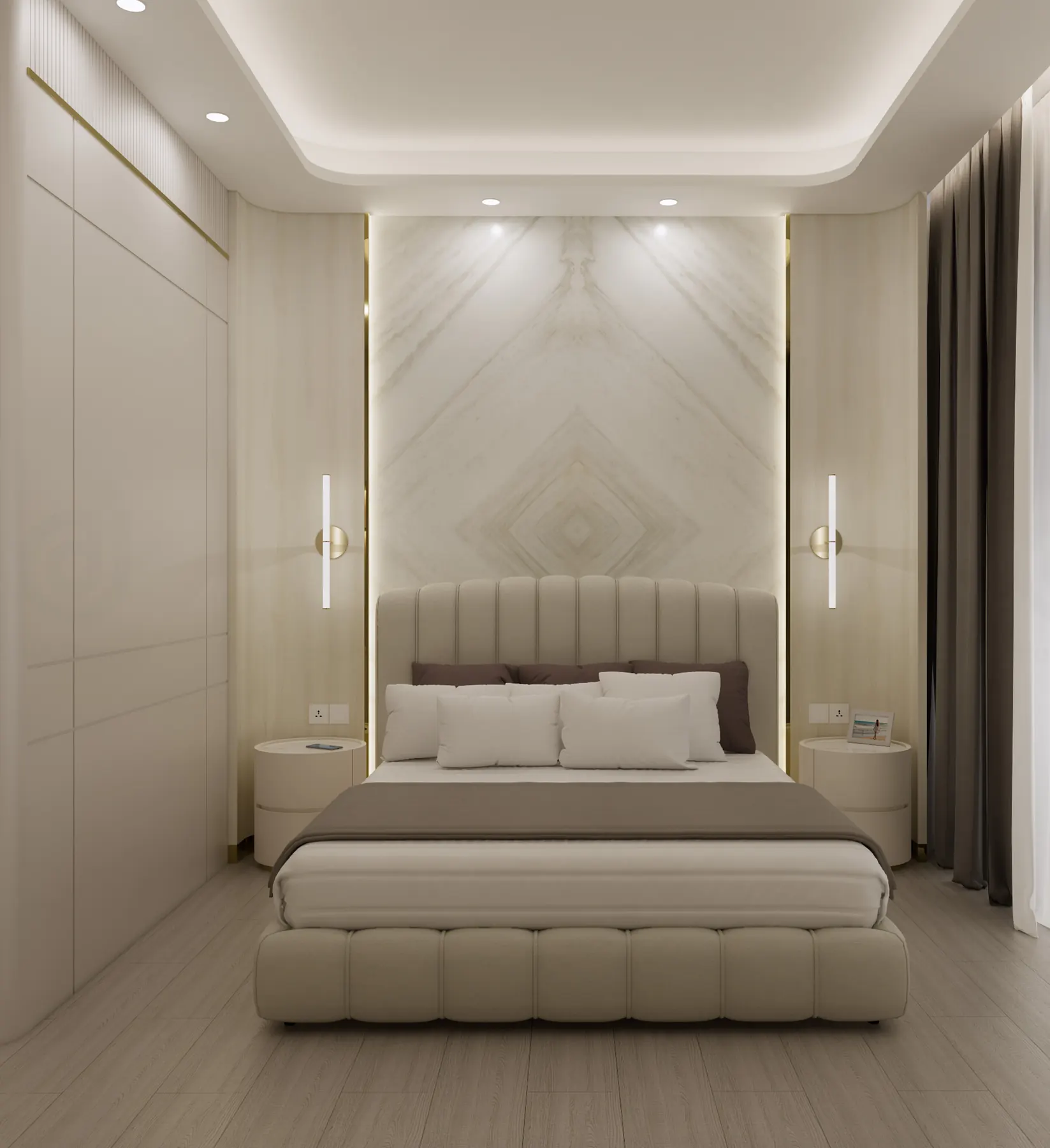 Cream bedroom with a marble feature wall and an upholstered bed
