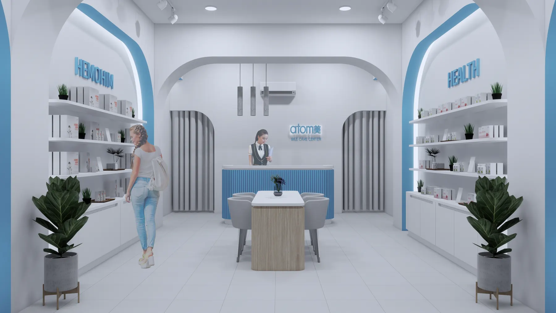 Store interior in white and blue: product shelves under arches either side of a reception counter