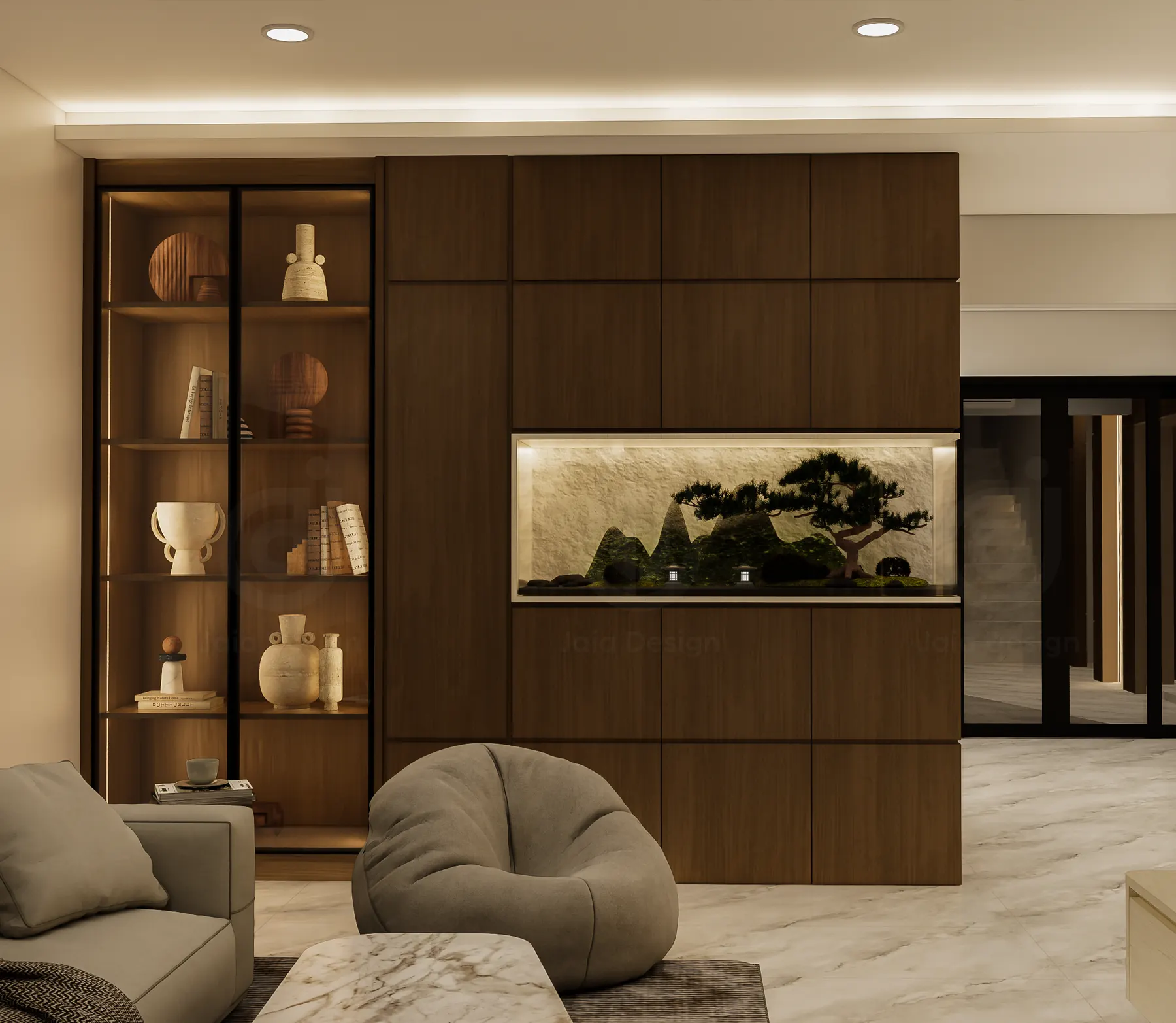 Living room with a timber wall, glass shelving and a lit bonsai niche