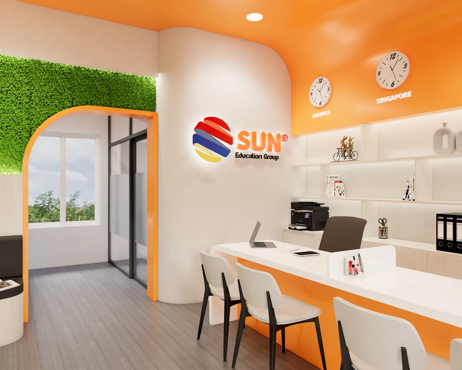 Consultation counter under the company sign and wall clocks