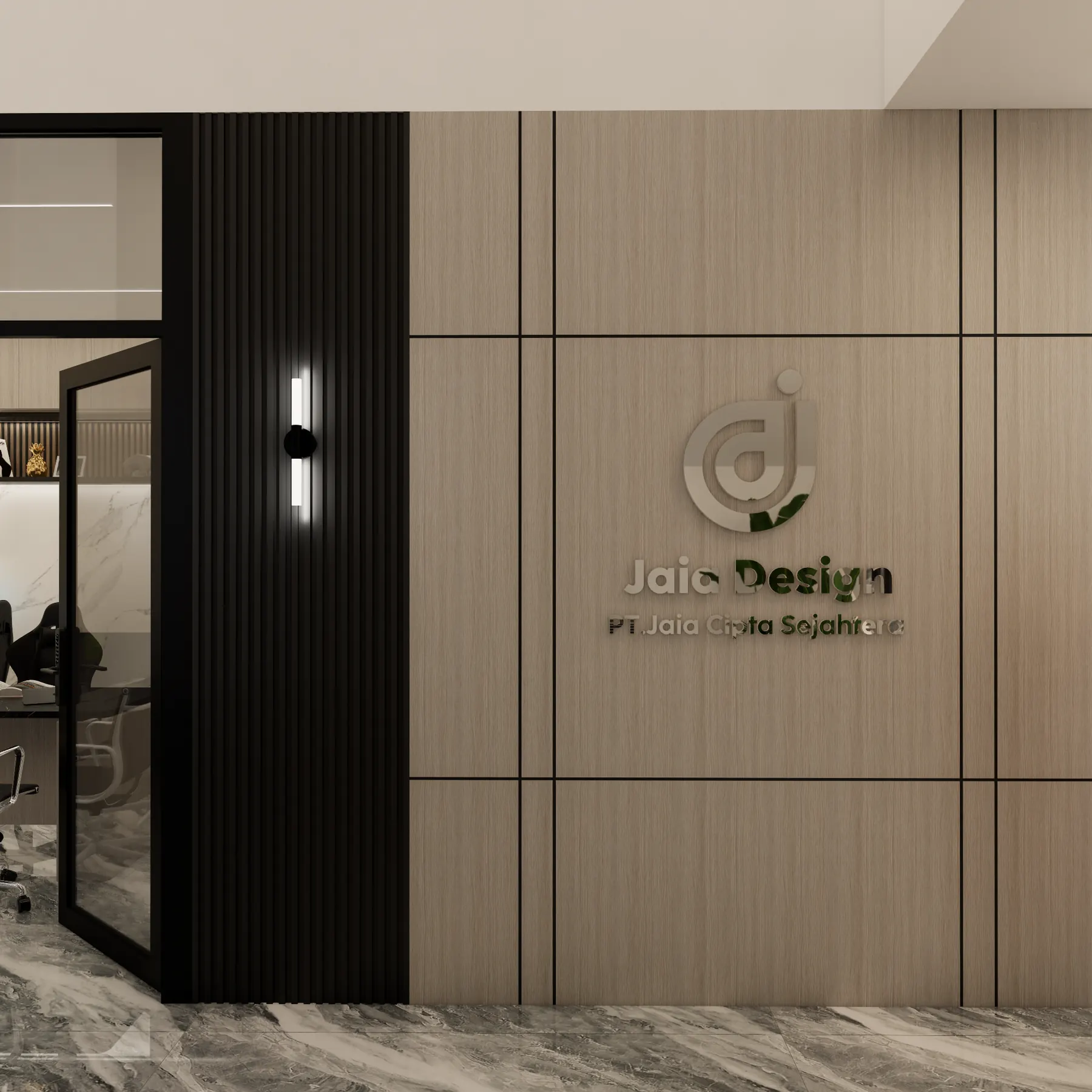Reception wall in timber panels carrying the Jaia Design sign