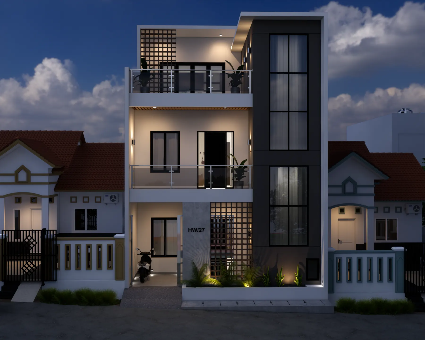Three-storey facade at dusk with lit windows