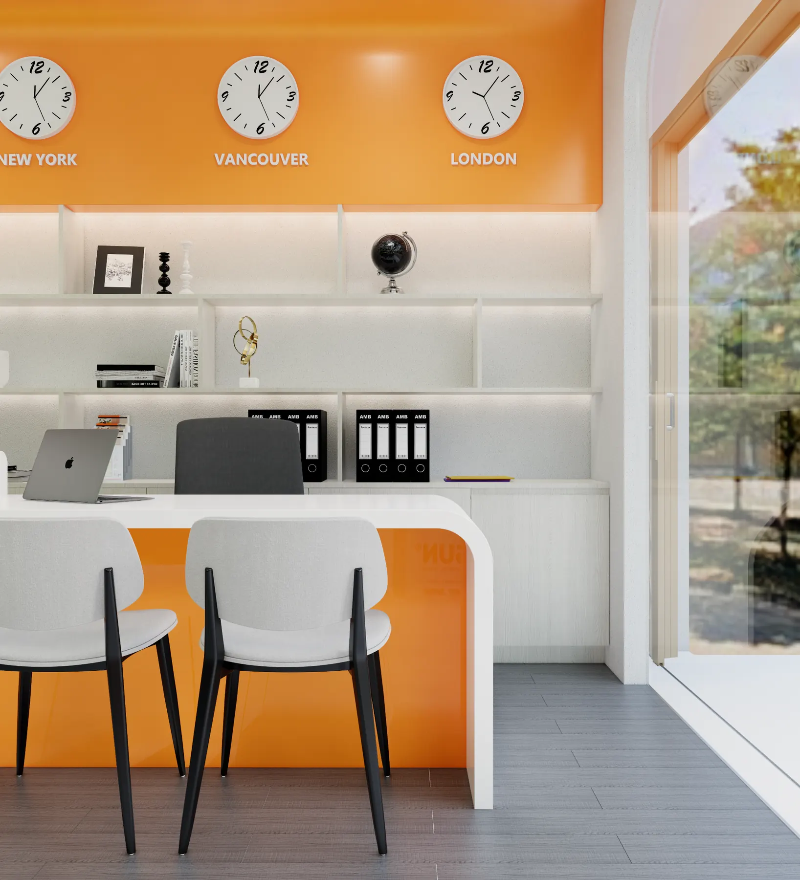 Counter seats below clocks for three cities