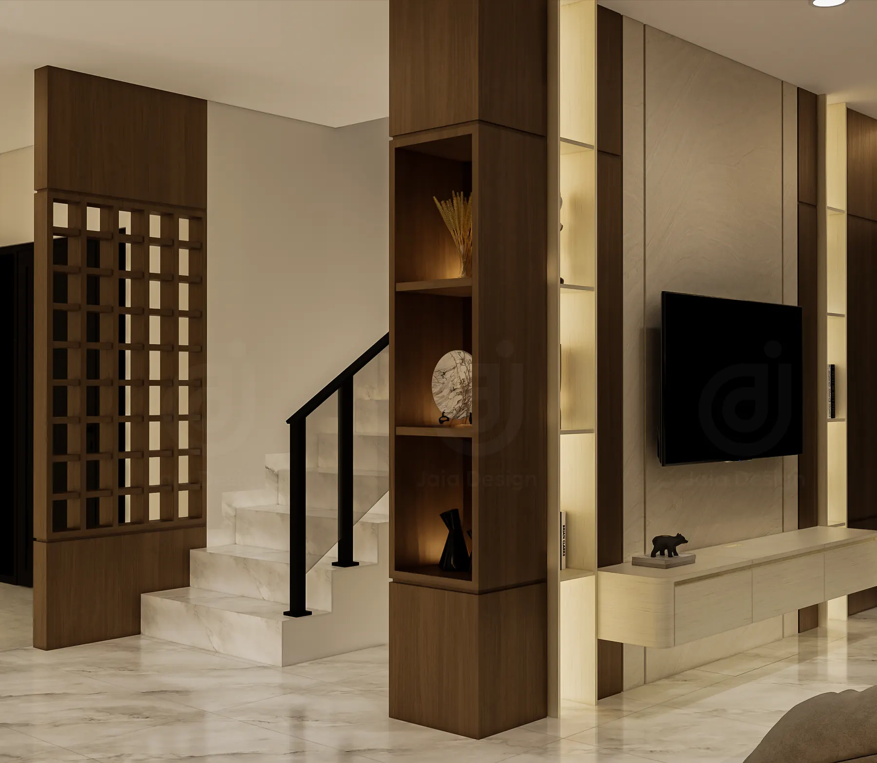 Staircase beside a timber column with lit display shelves