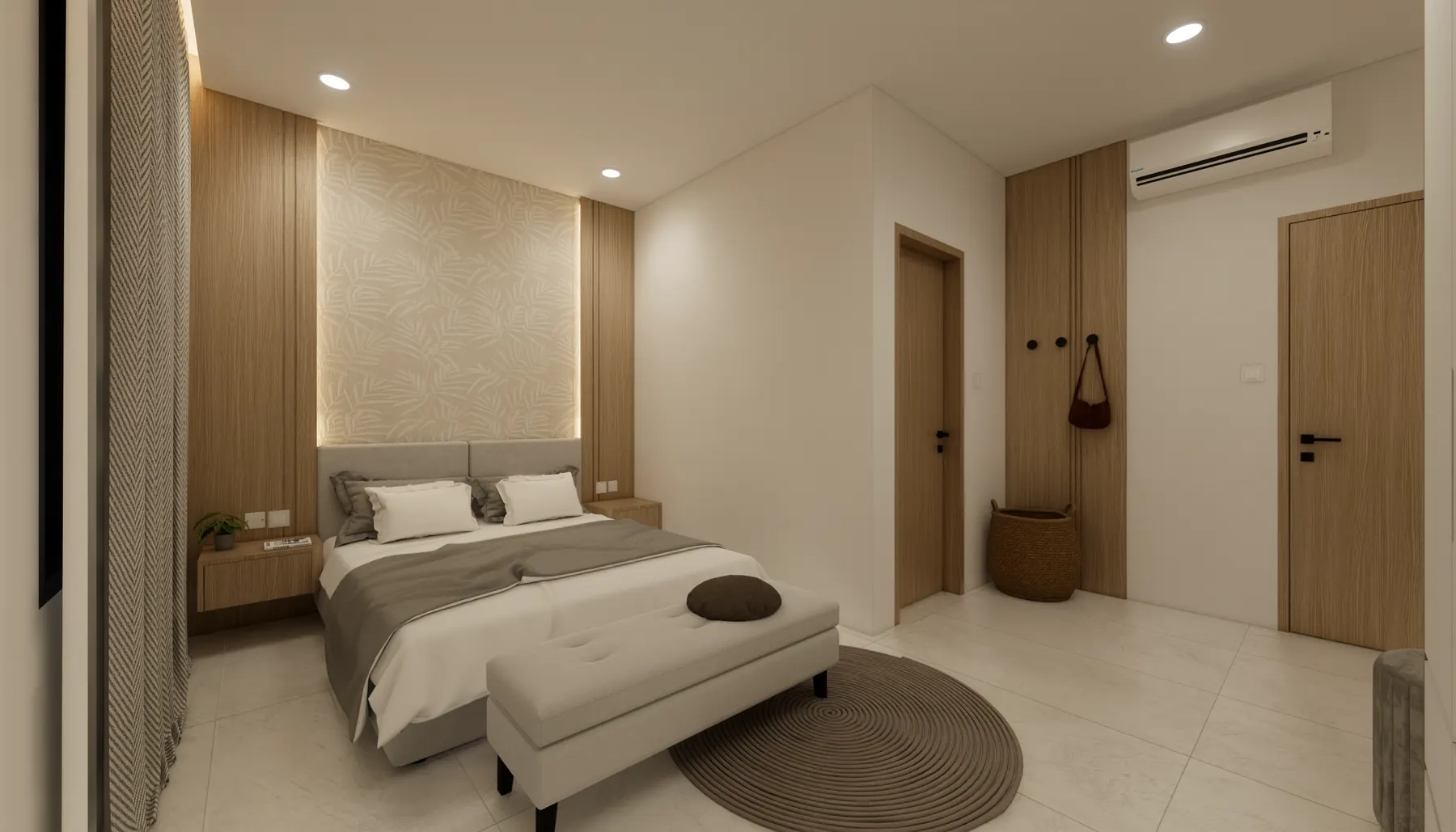 Master bedroom with a timber slat wall and a round rug