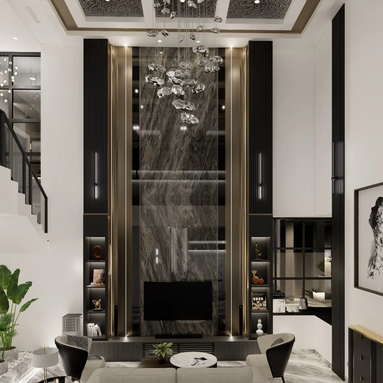 Double-height living room with a marble feature wall and a glass chandelier