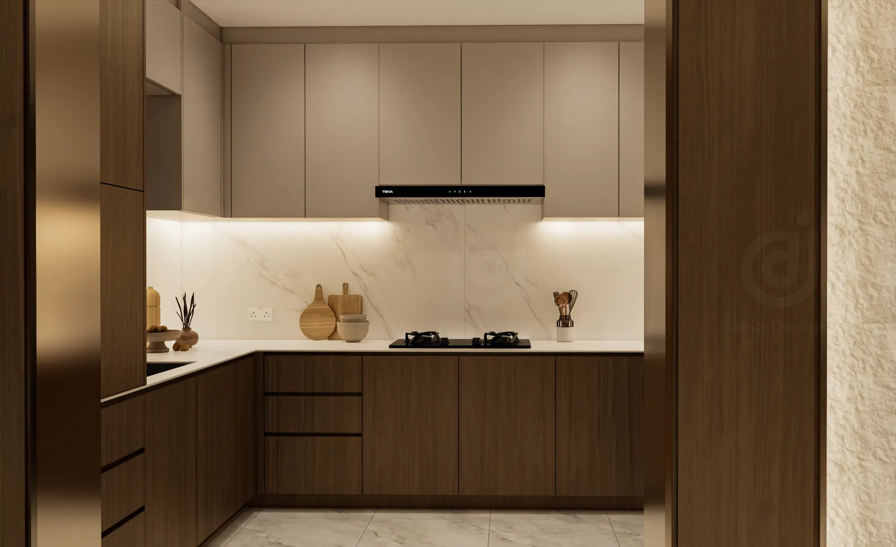 Kitchen with timber base units and a marble splashback