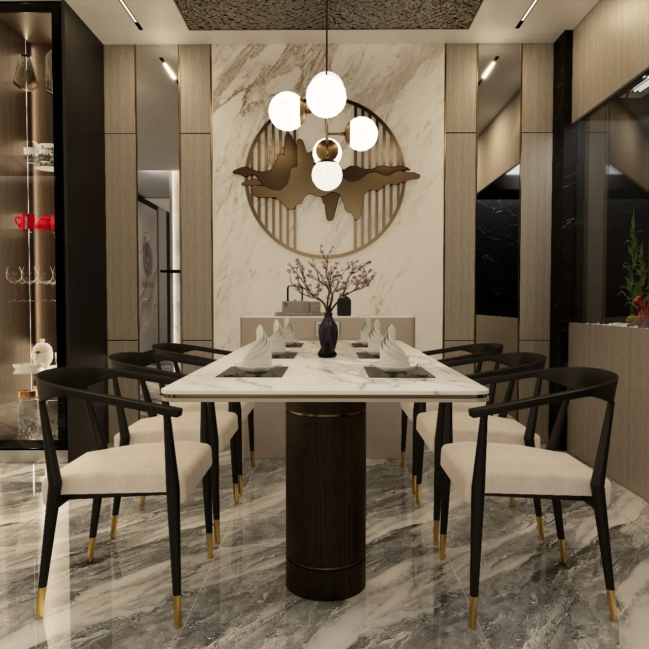 Dining room with a round brass wall piece above a marble table