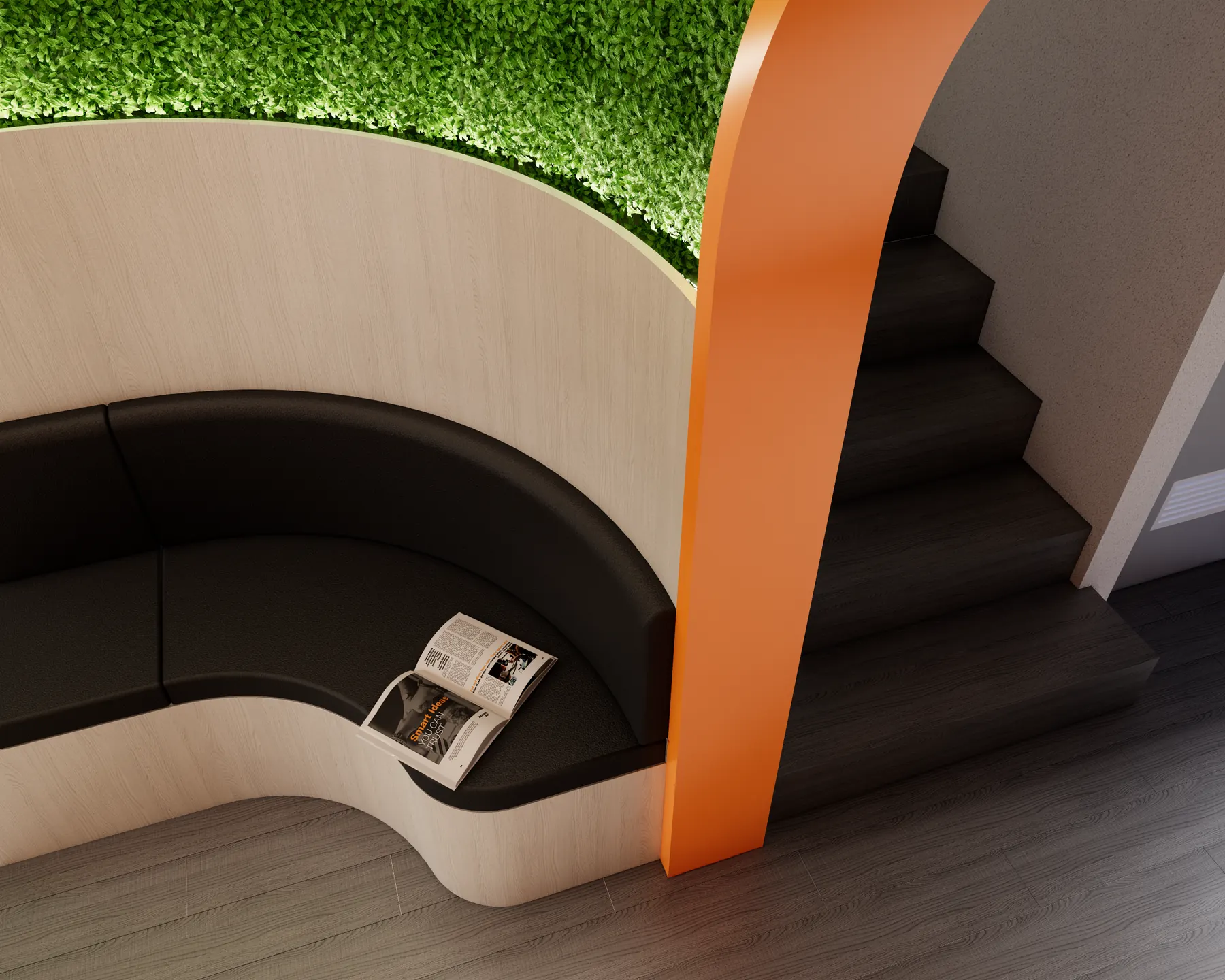 Curved bench tucked under the stairs