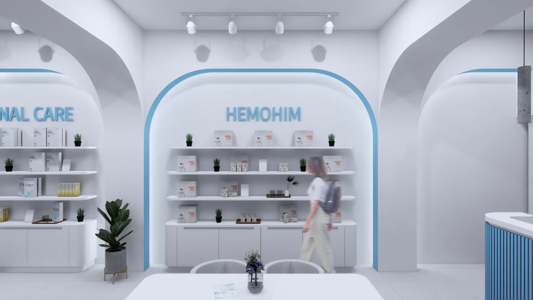 Product shelves set in a blue-edged arch