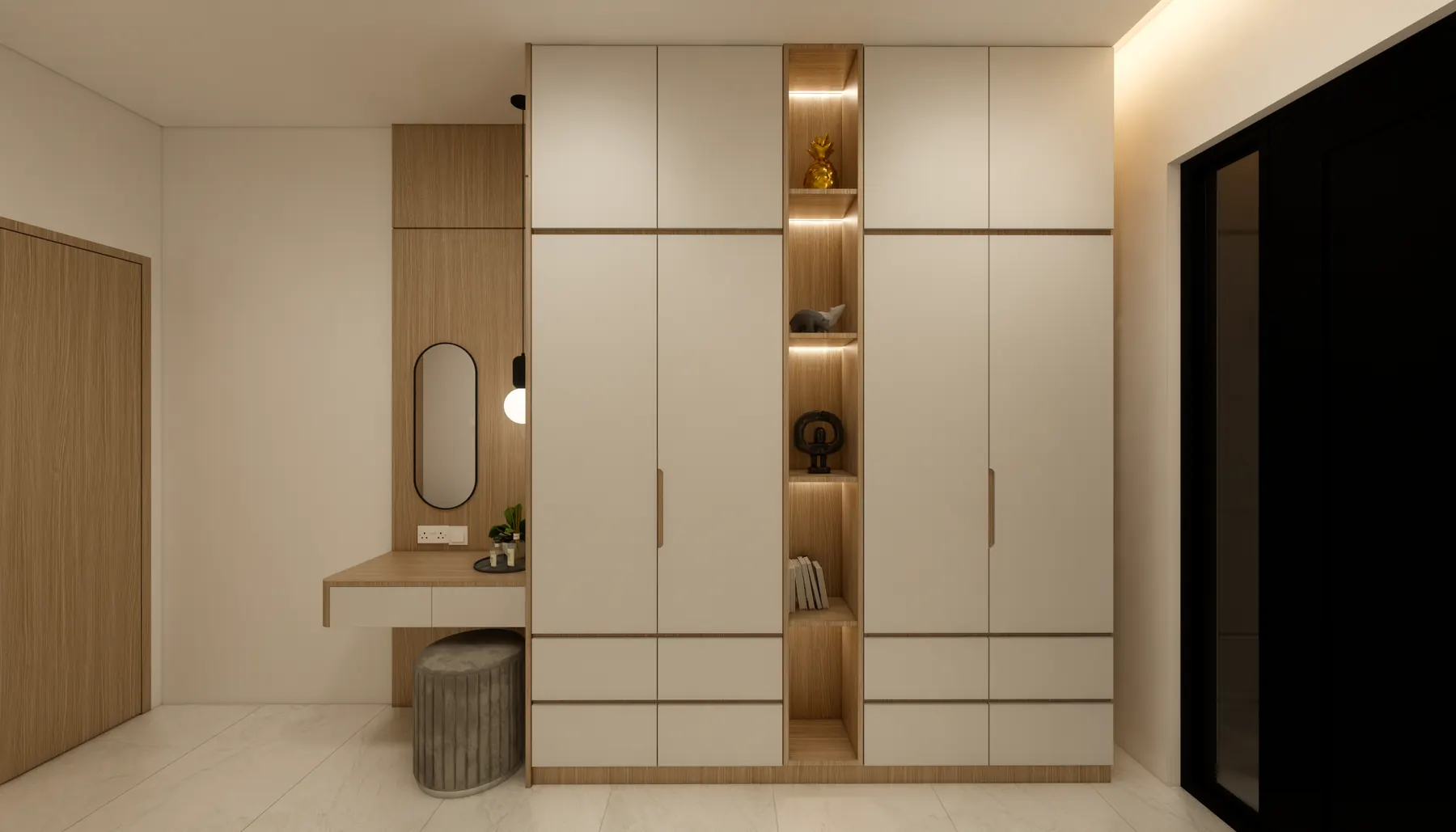 Master bedroom wardrobe with a lit open shelf
