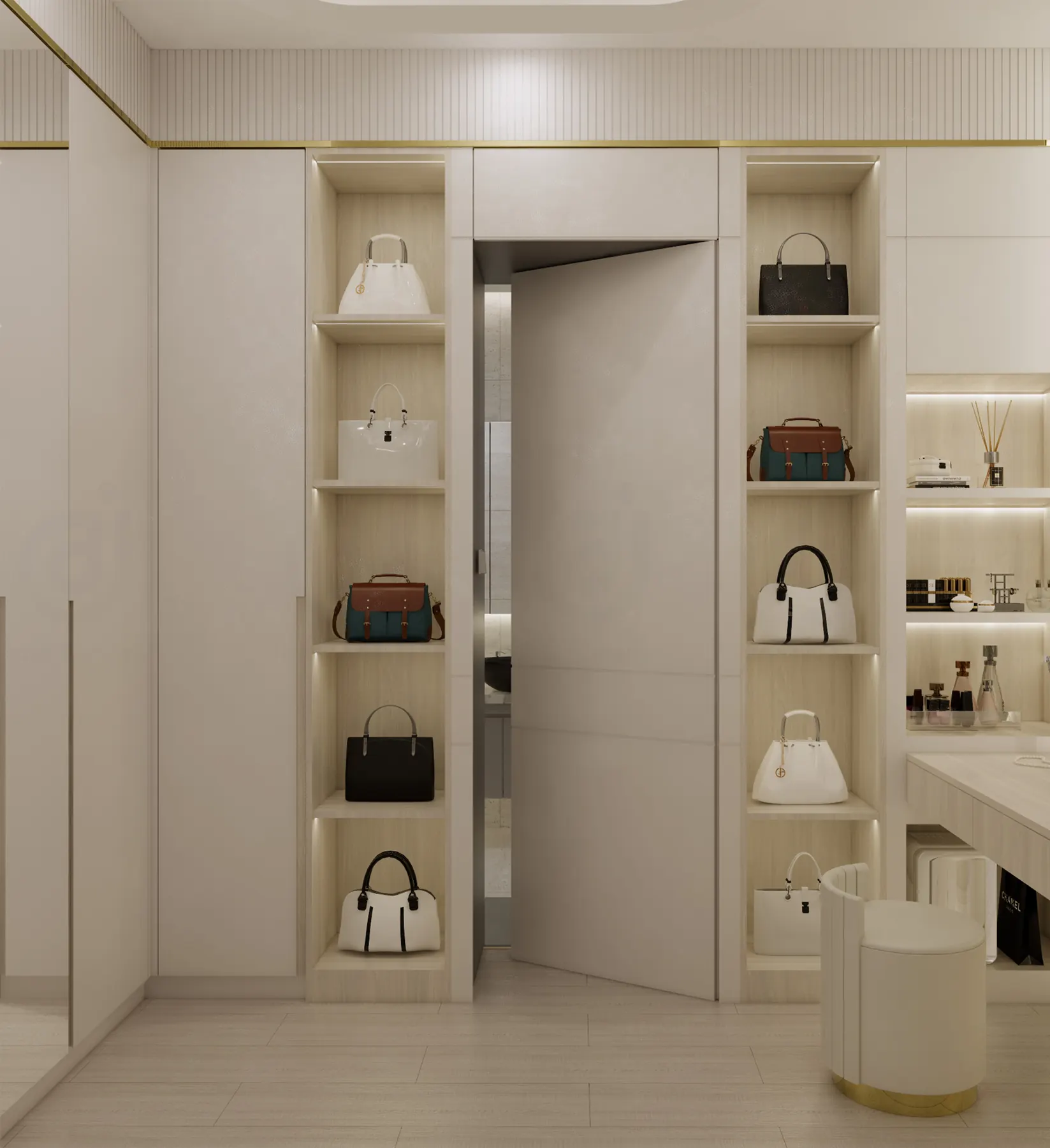 Dressing room with open shelves for bags and a hidden door