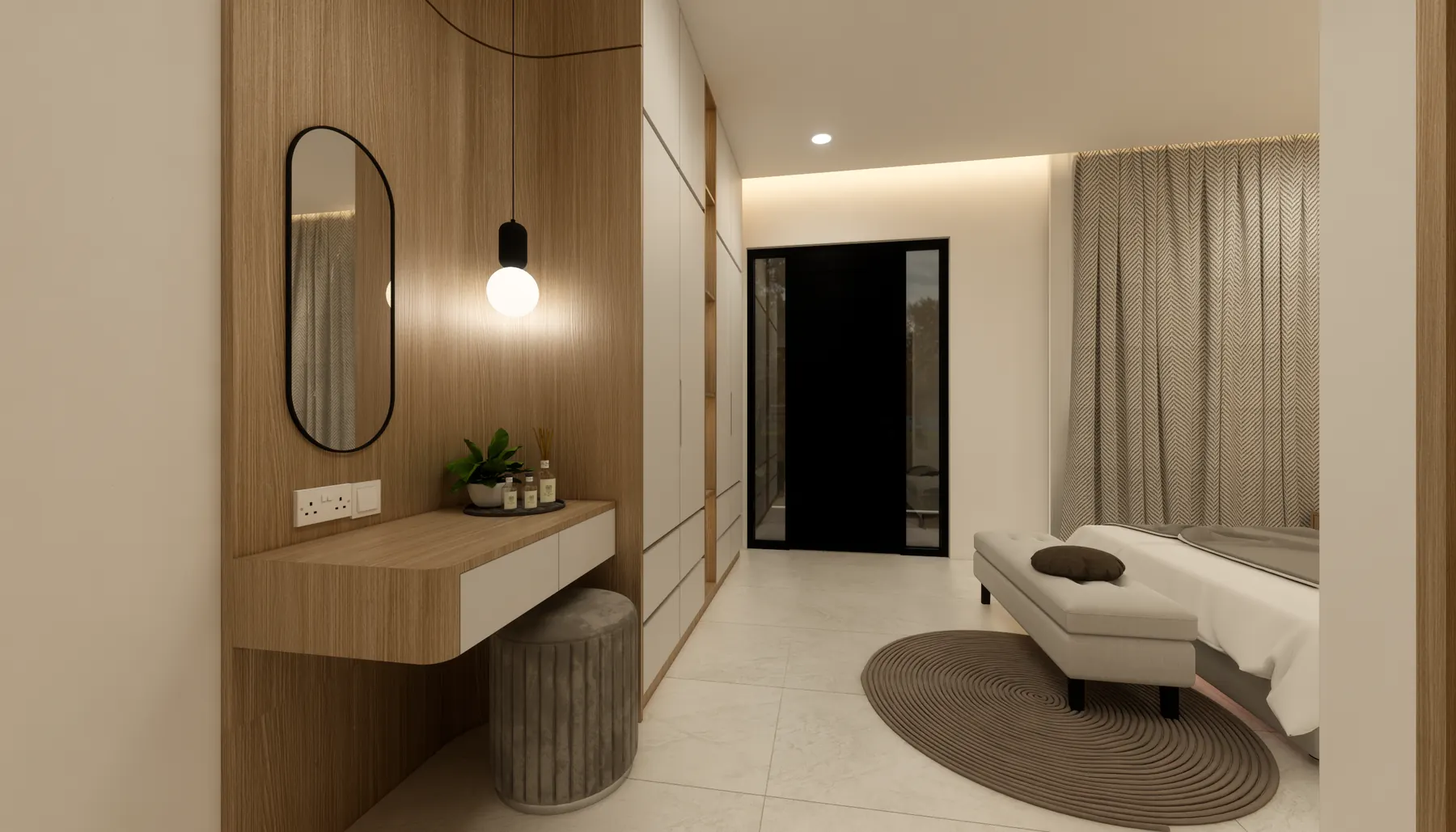 Dressing table with an oval mirror and a pendant light