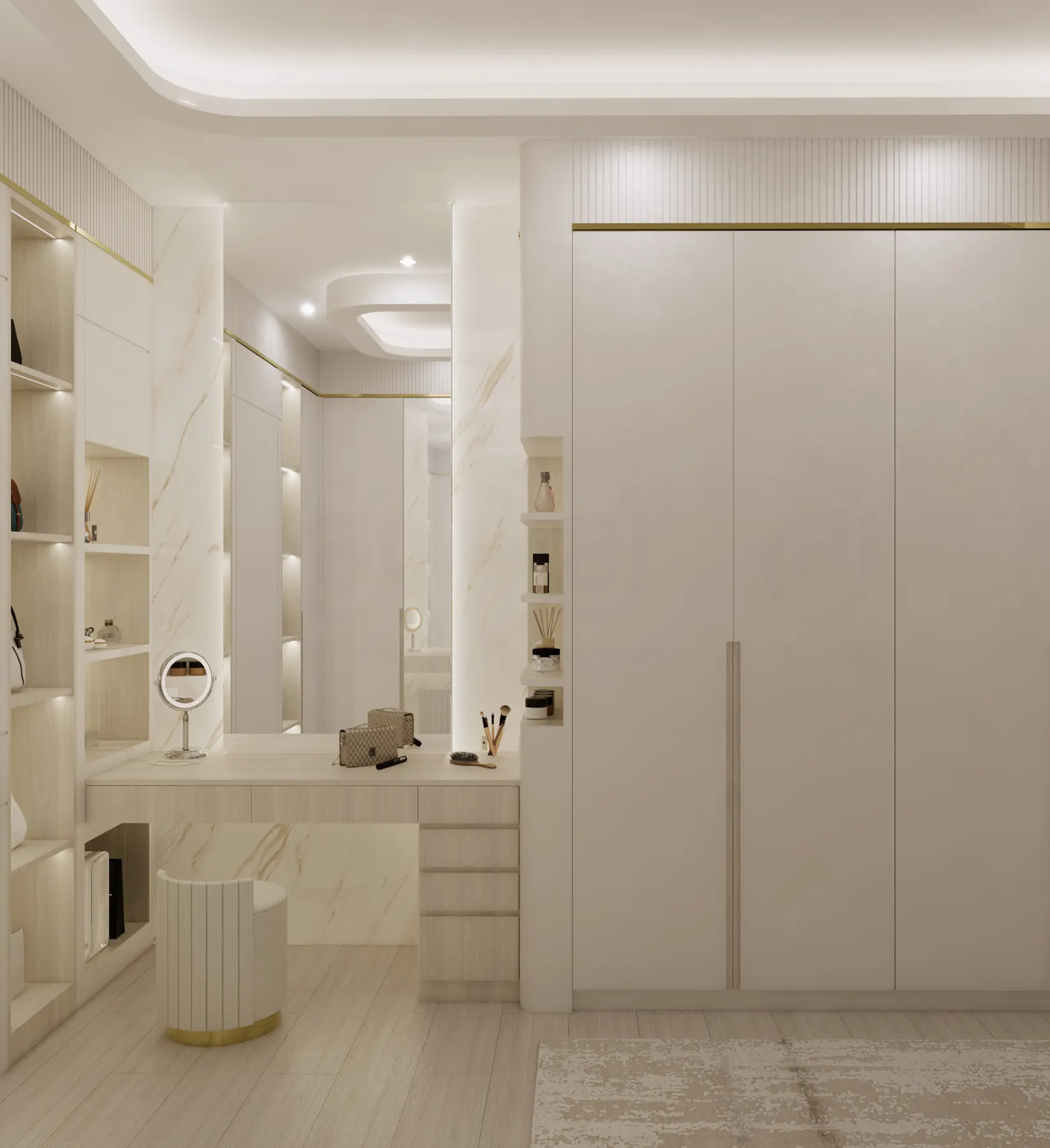 Dressing table beside a wall of full-height wardrobes