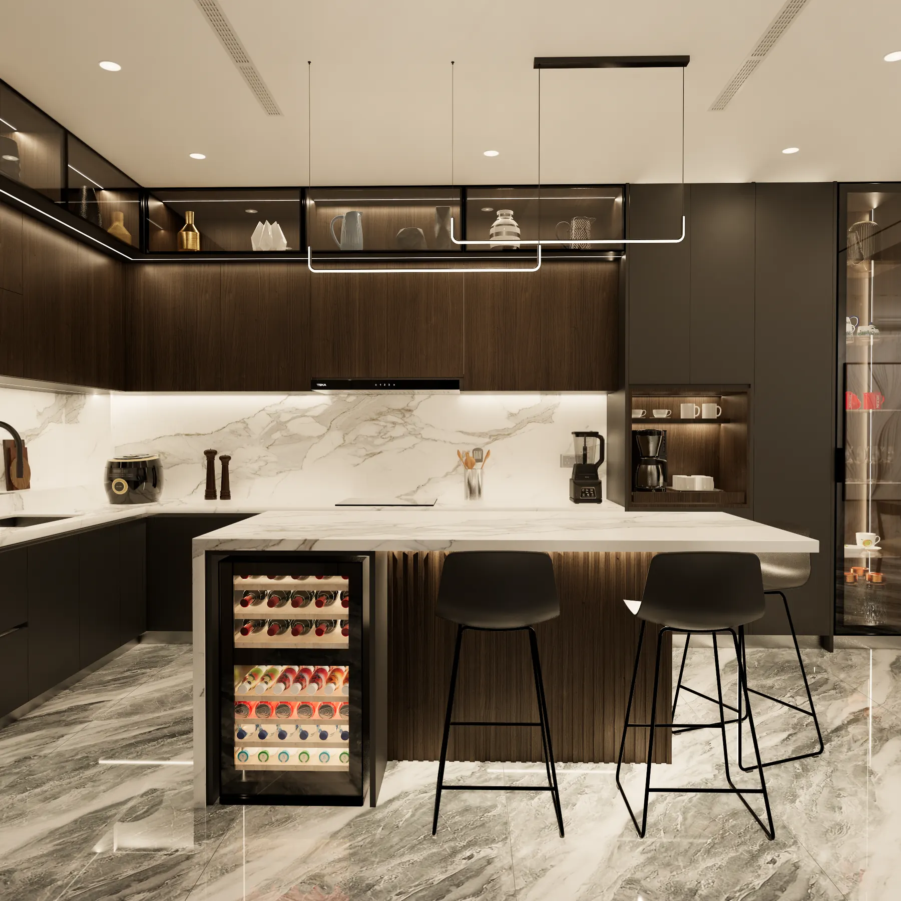 Kitchen with dark cabinets, a marble island and bar stools