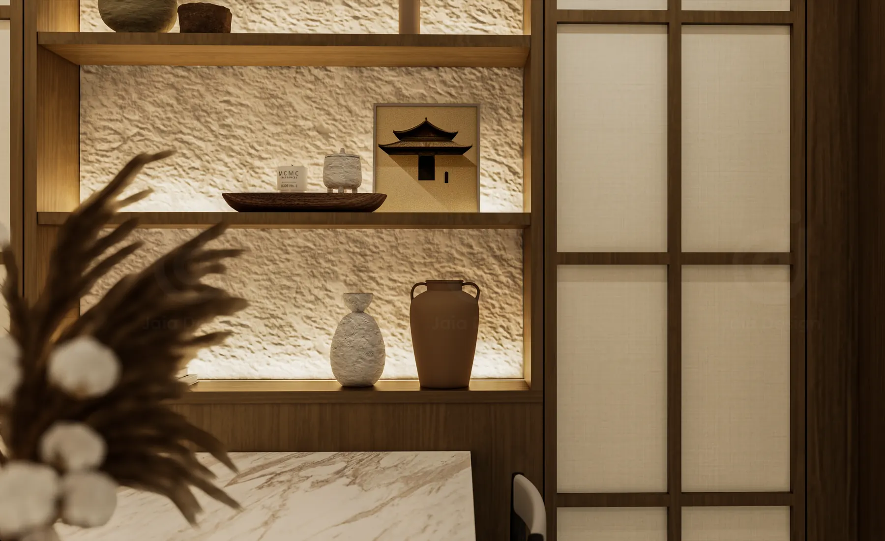 Lit shelves of ceramics beside a paper screen