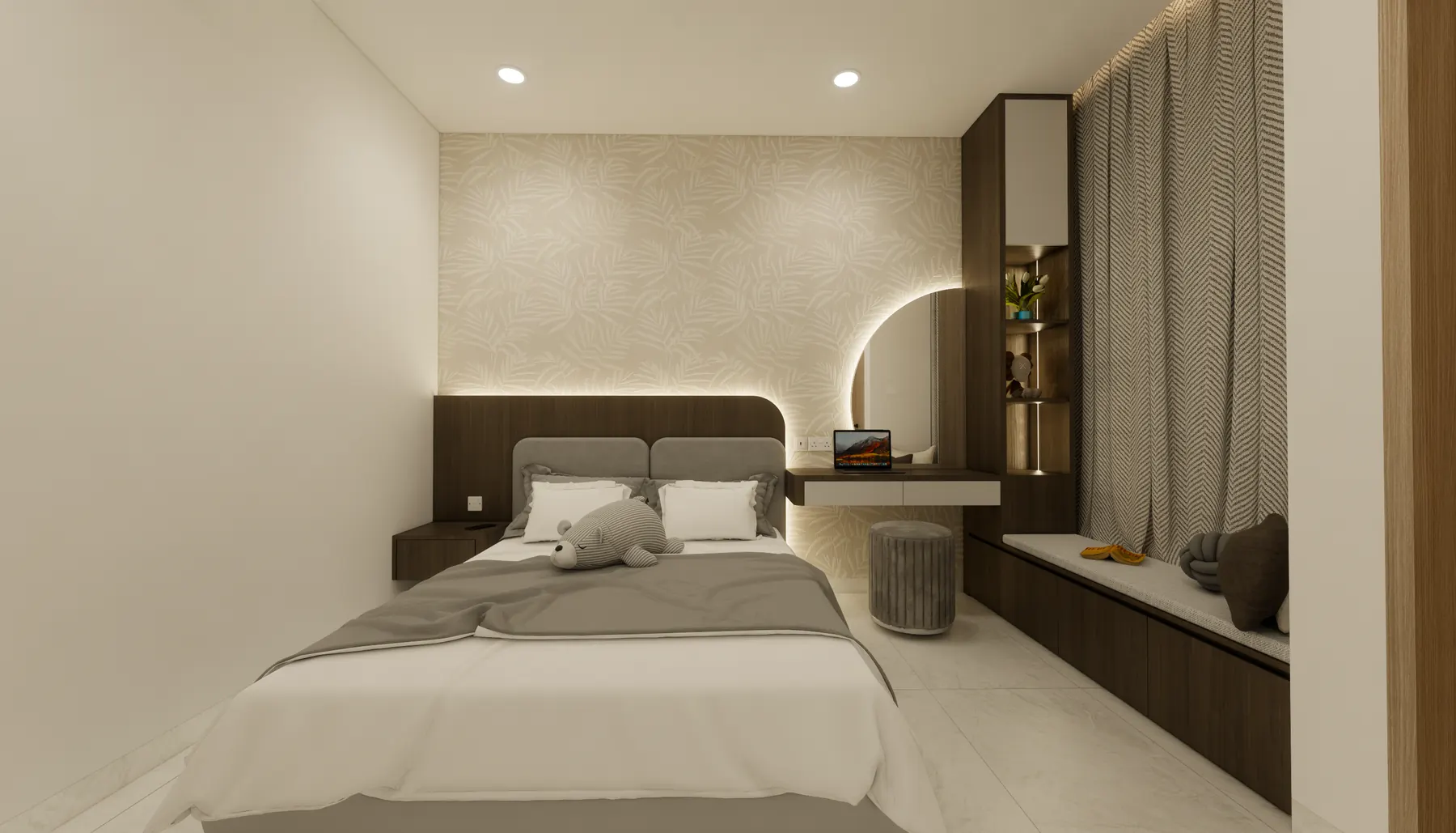 Bedroom with a curved backlit mirror over the desk