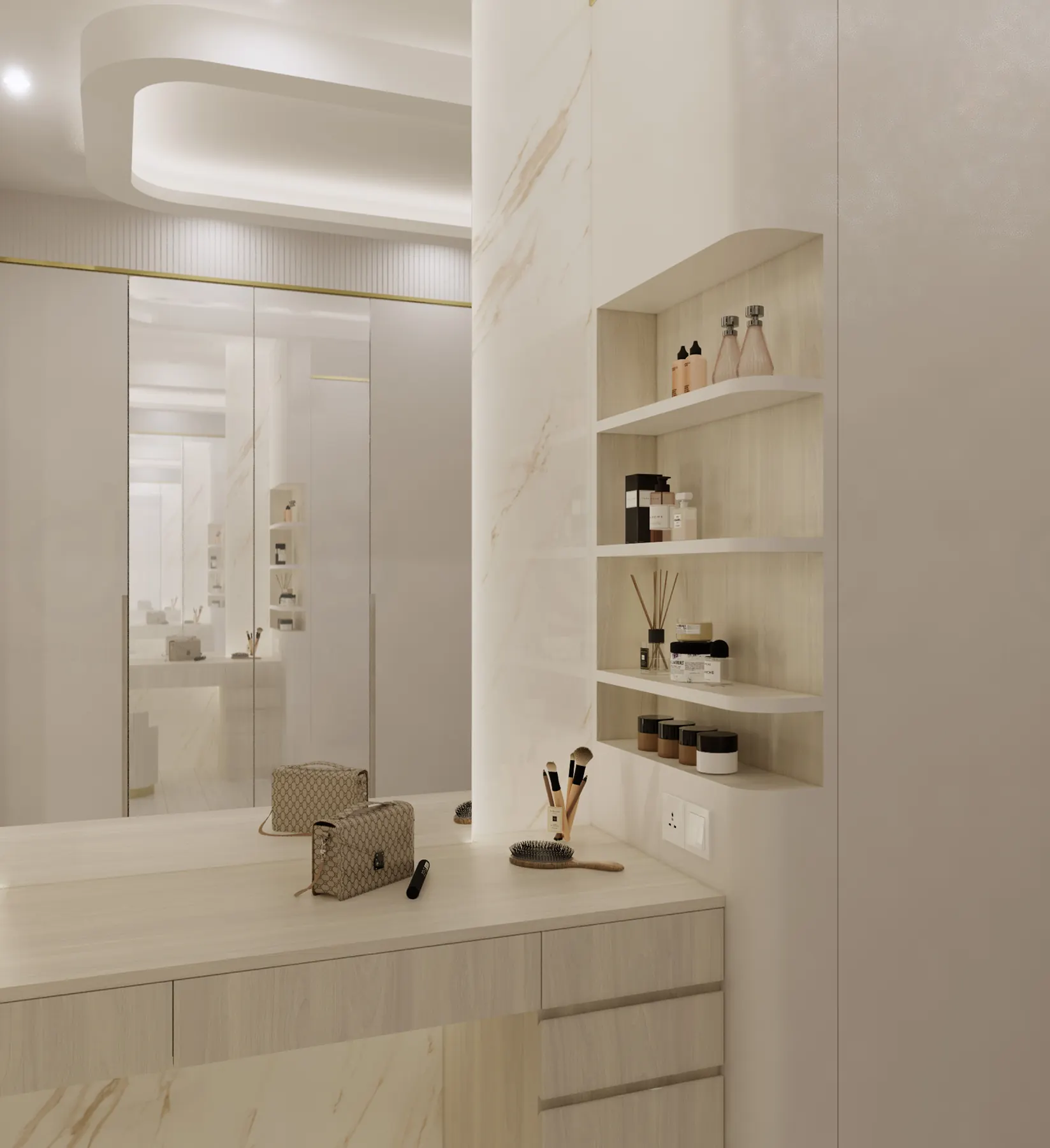 Vanity corner with curved open shelves