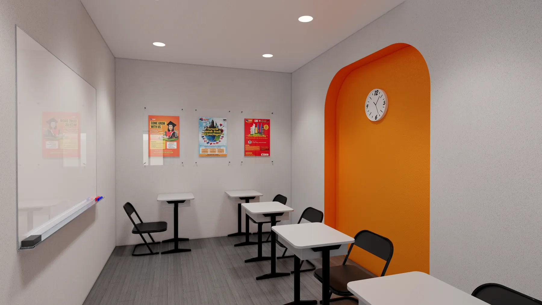 Multi-function room with an orange arch and folding desks