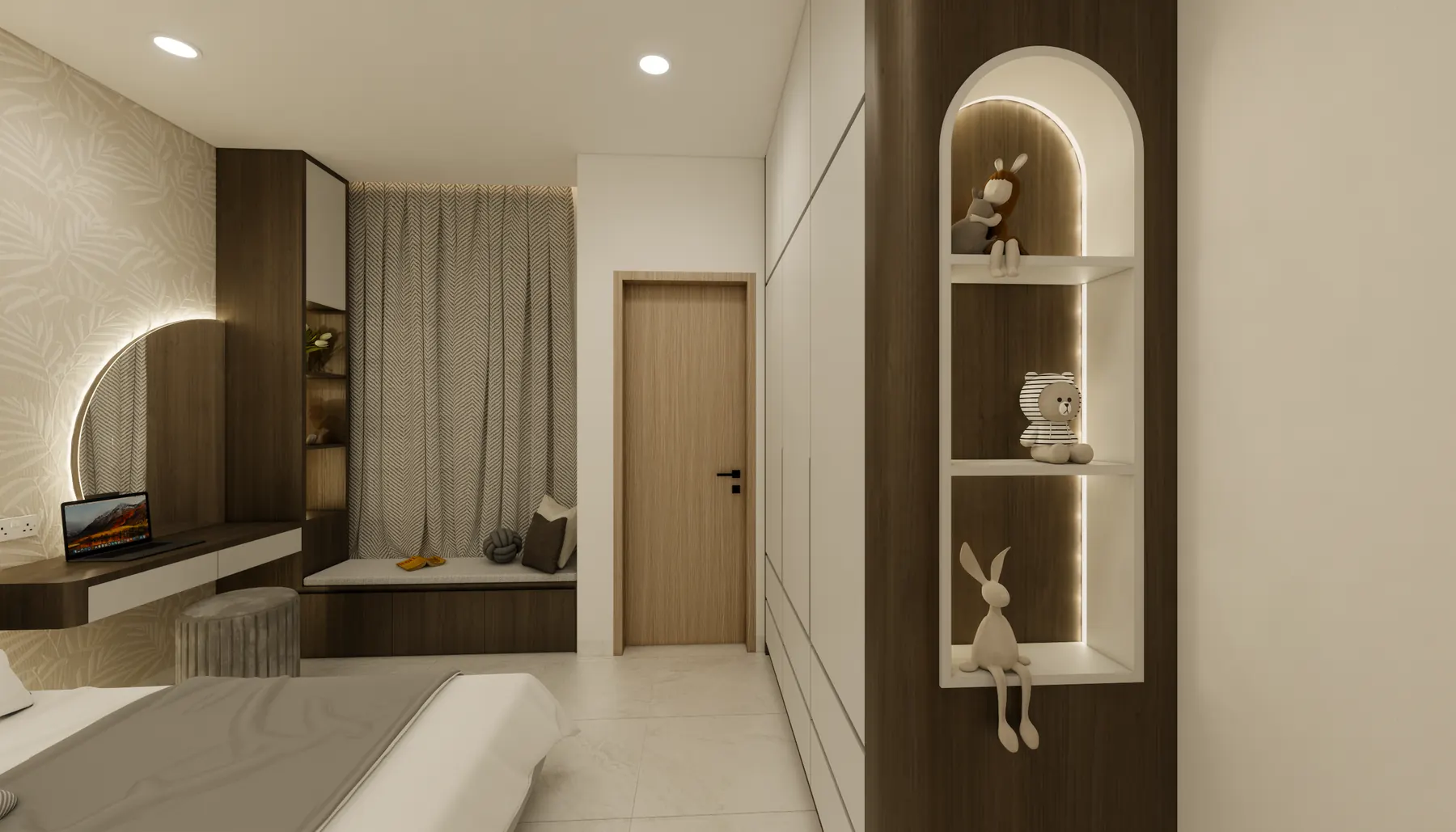 Bedroom desk and an arched display niche