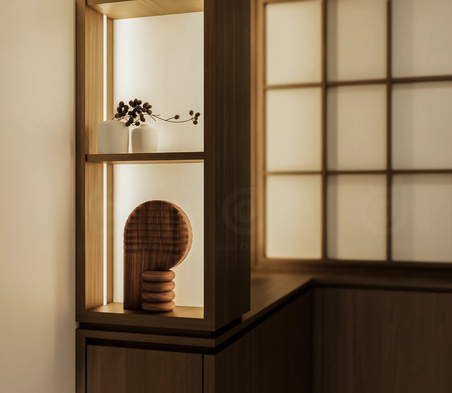 Lit timber niche with a carved sculpture