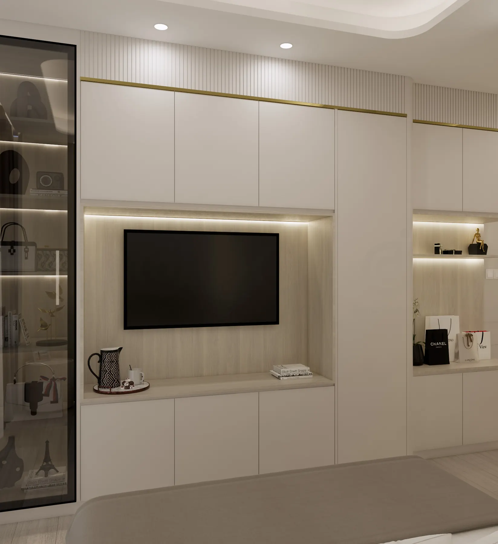 Wardrobe wall with a recessed television niche