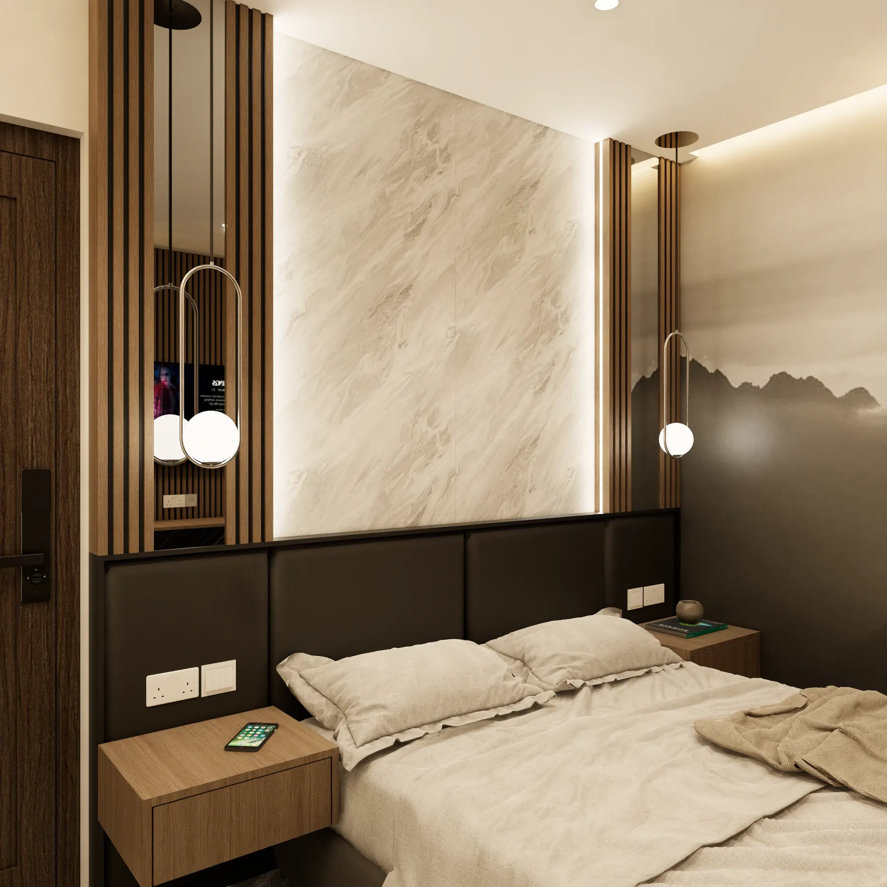 Bedroom with a marble headboard wall and timber slats