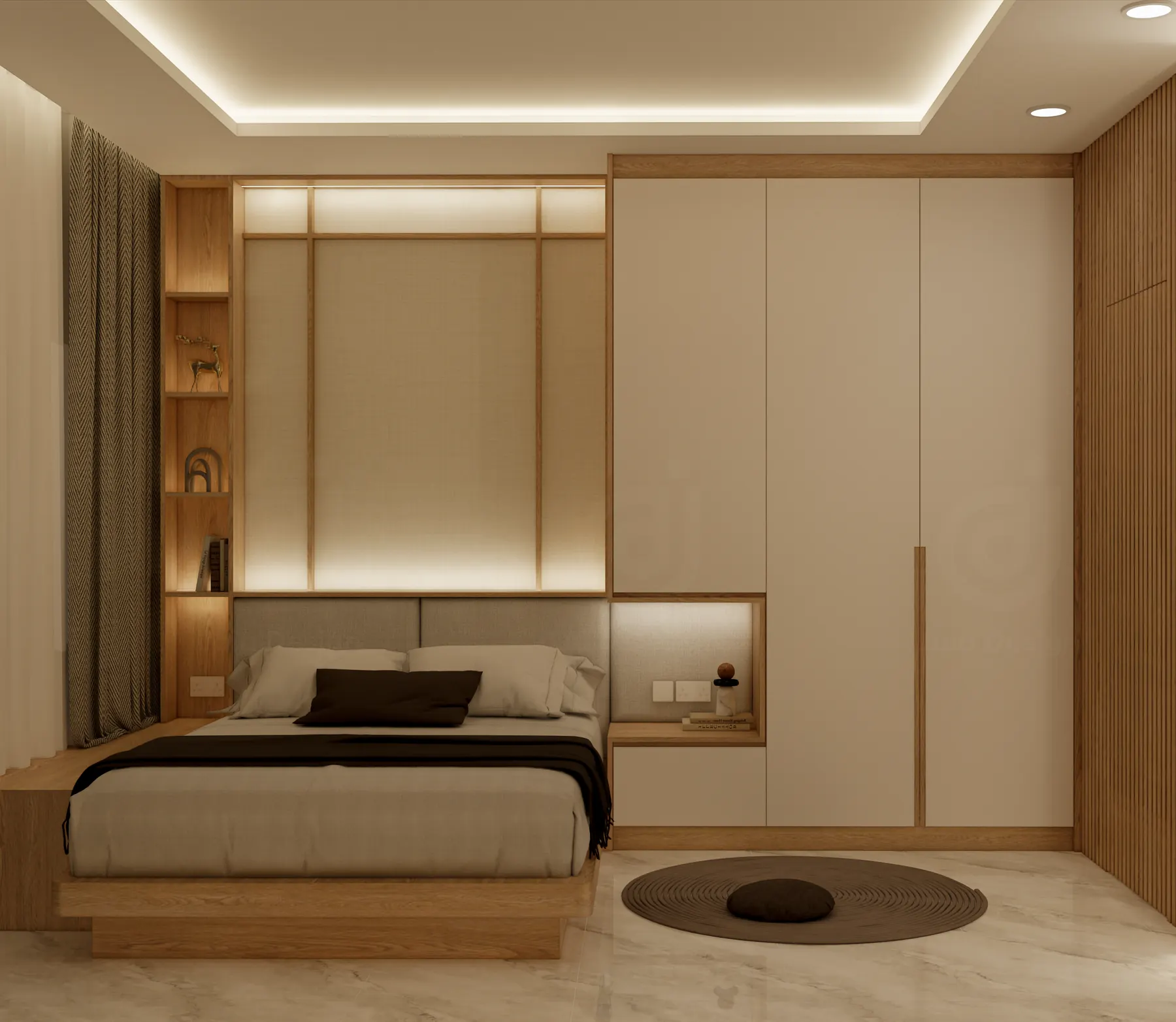 Master bedroom in pale timber with a low bed