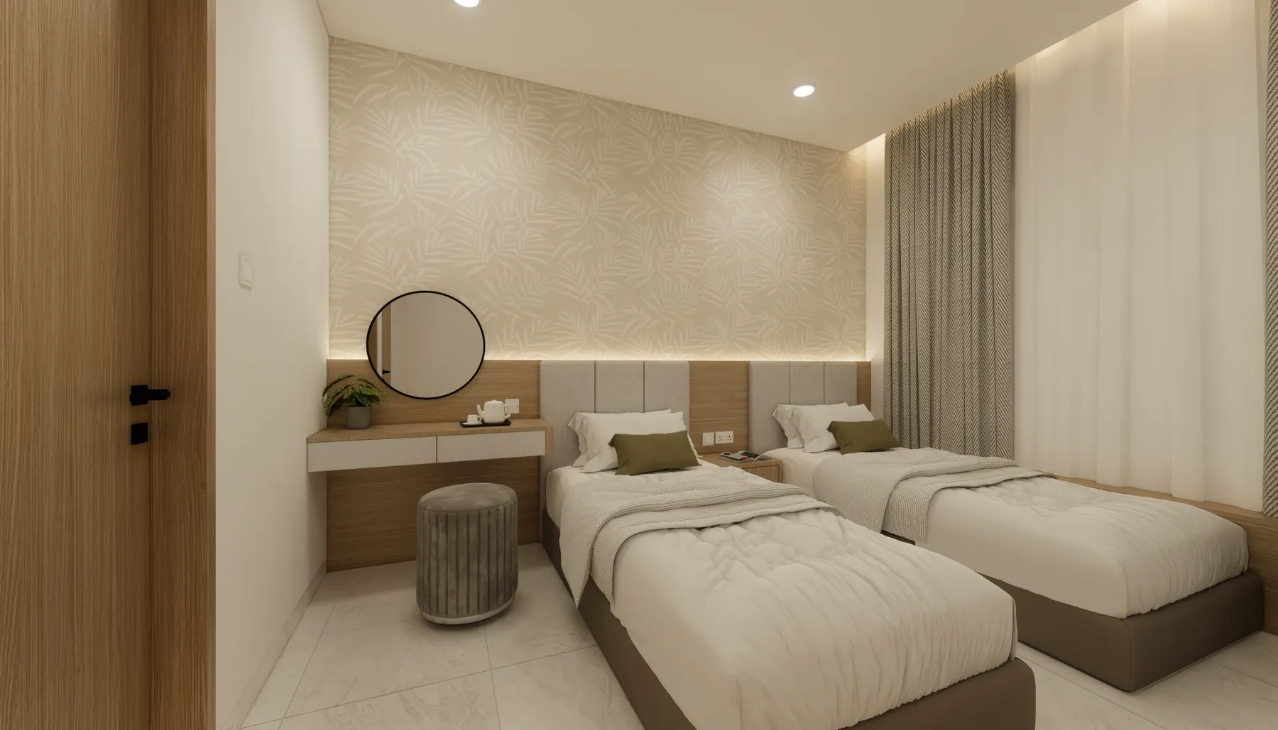 Twin bedroom with a round mirror over the dressing table