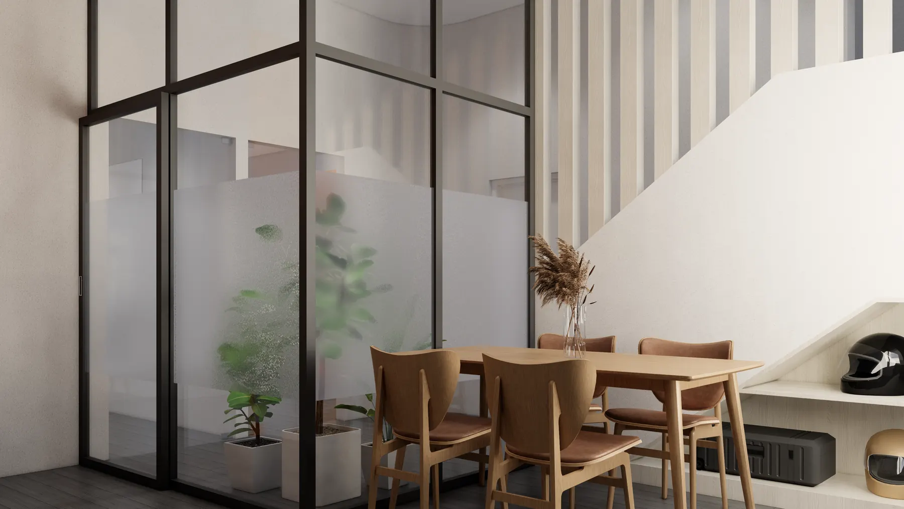 Pantry table beside a glass partition