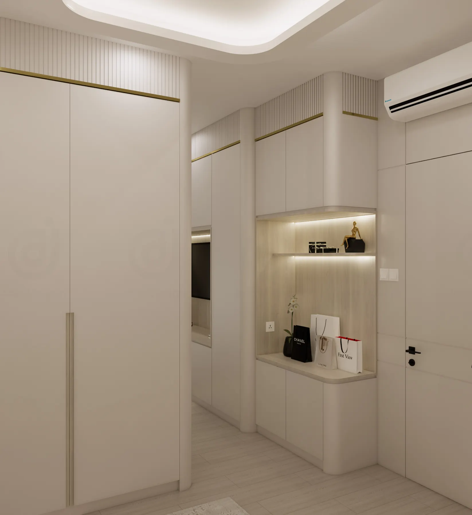 Full-height wardrobes turning the corner to a display niche
