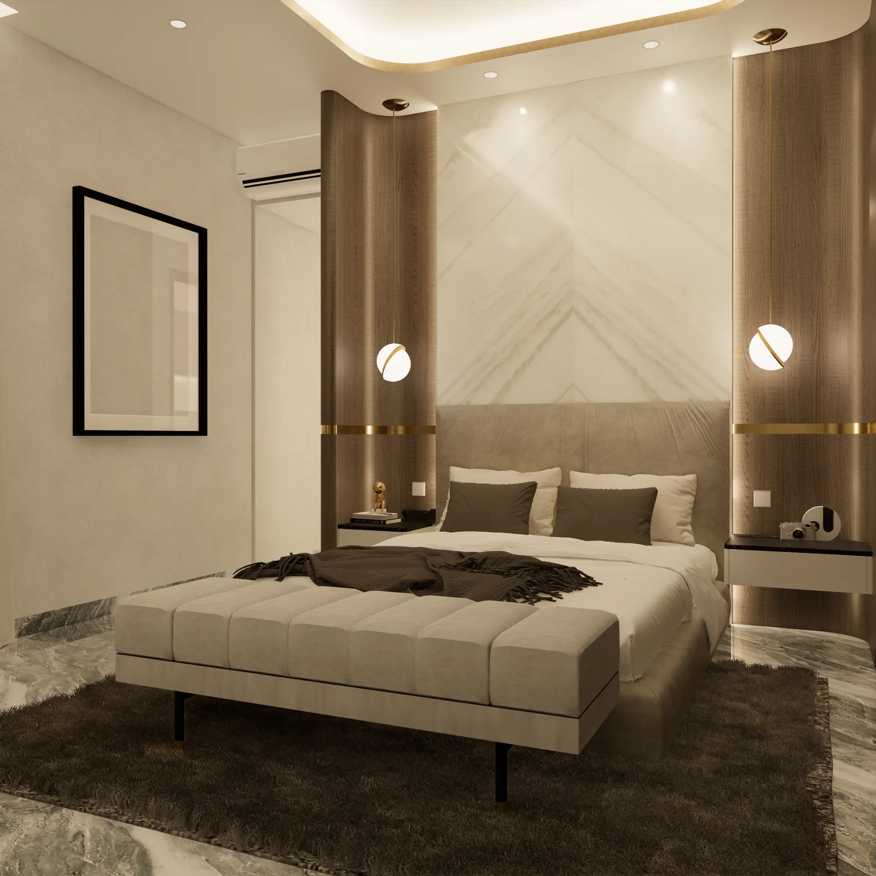Master bedroom with a pale stone wall and a low bench