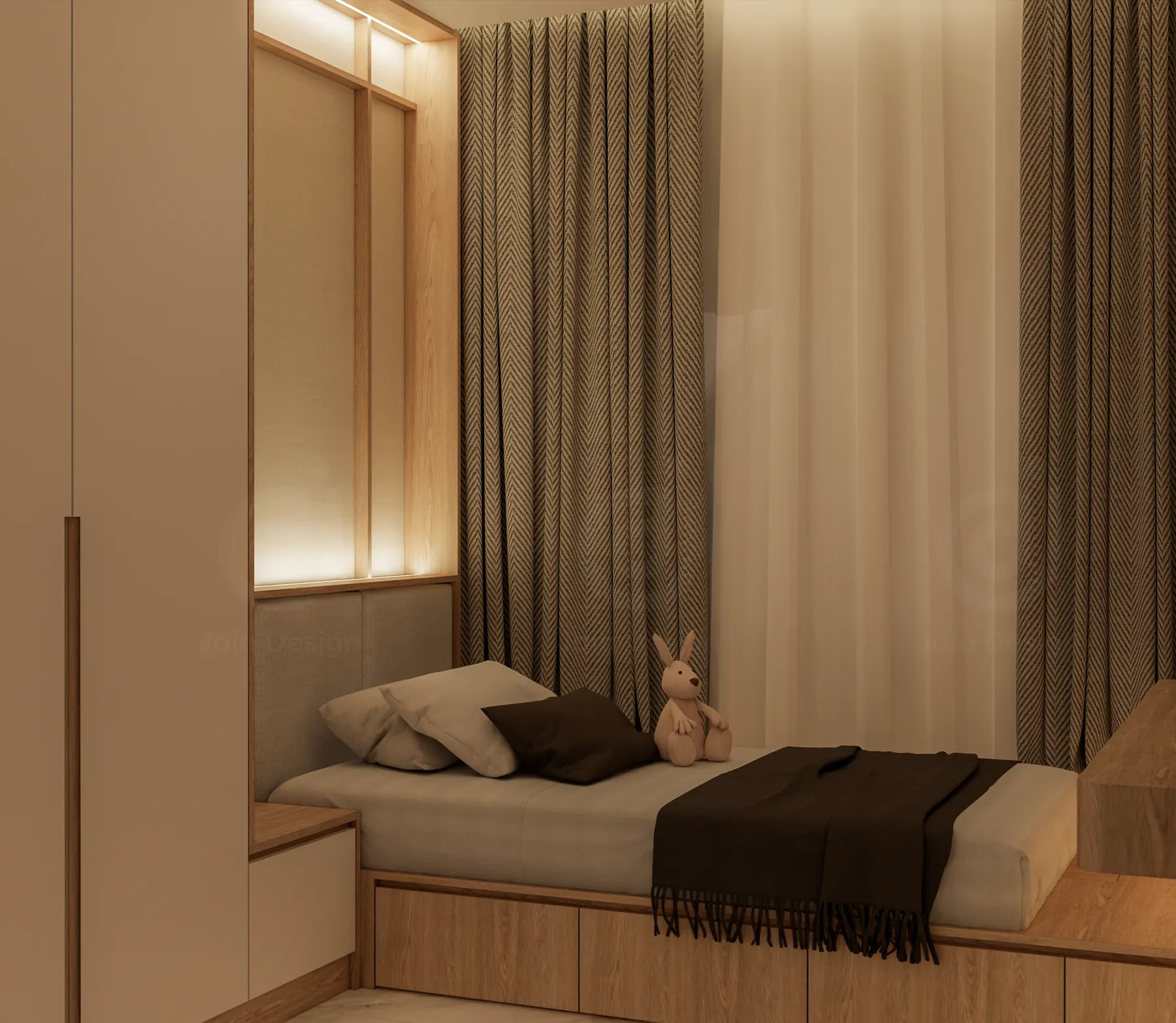 Bedroom with a platform bed under a lit timber alcove