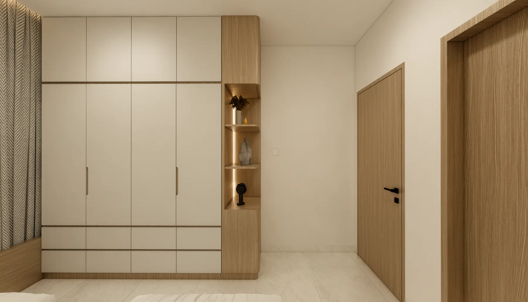 Bedroom wardrobe in cream and pale timber