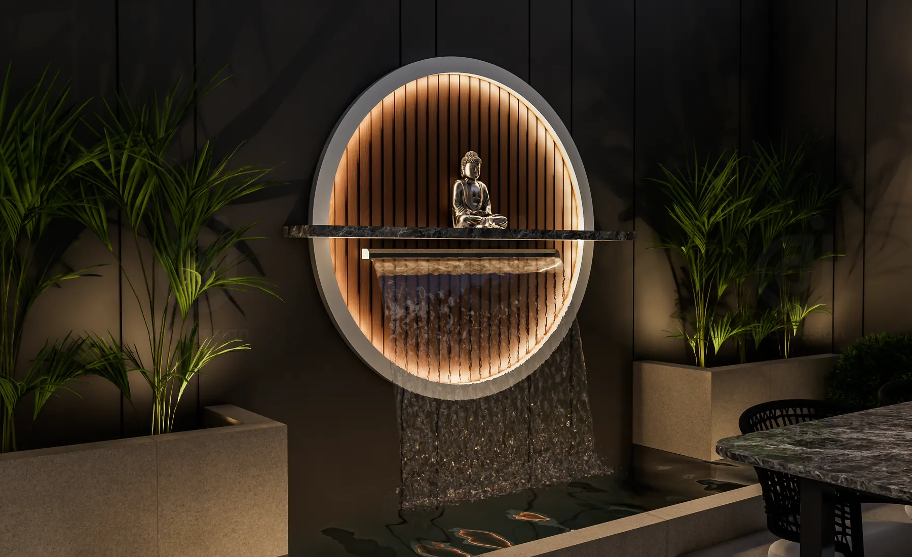 Courtyard wall with a round backlit water feature