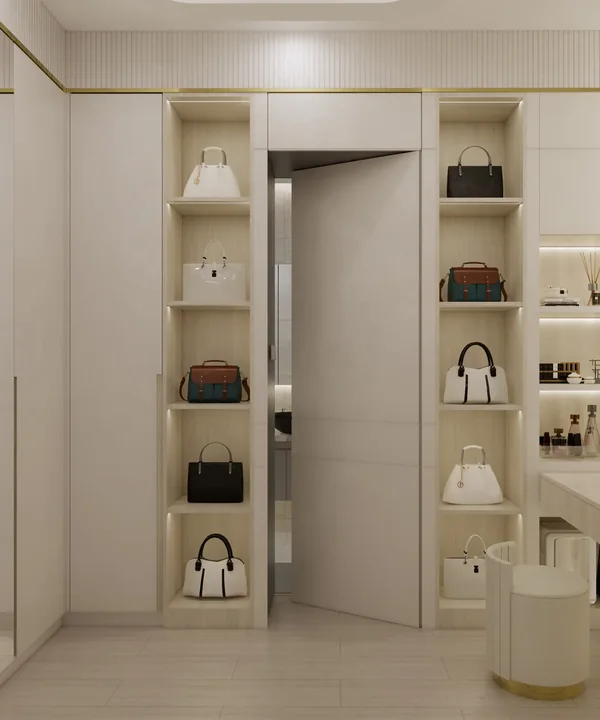 Dressing room with open shelves for bags and a hidden door