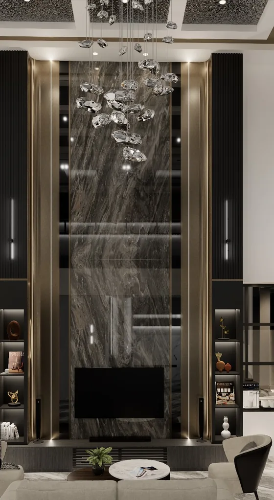 Double-height living room with a marble feature wall