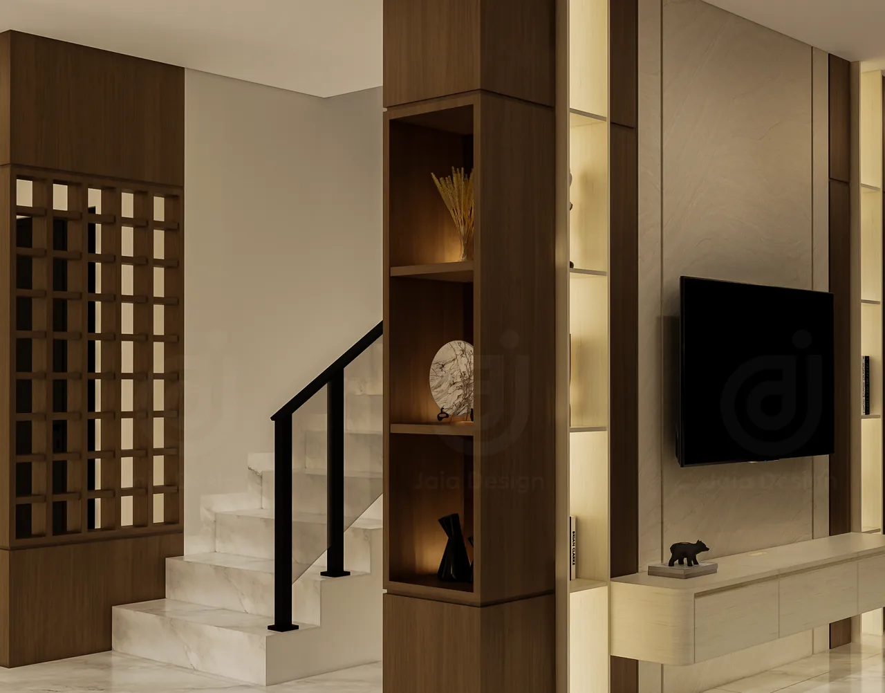 Living room with a marble staircase behind a timber lattice screen and a column of lit shelves