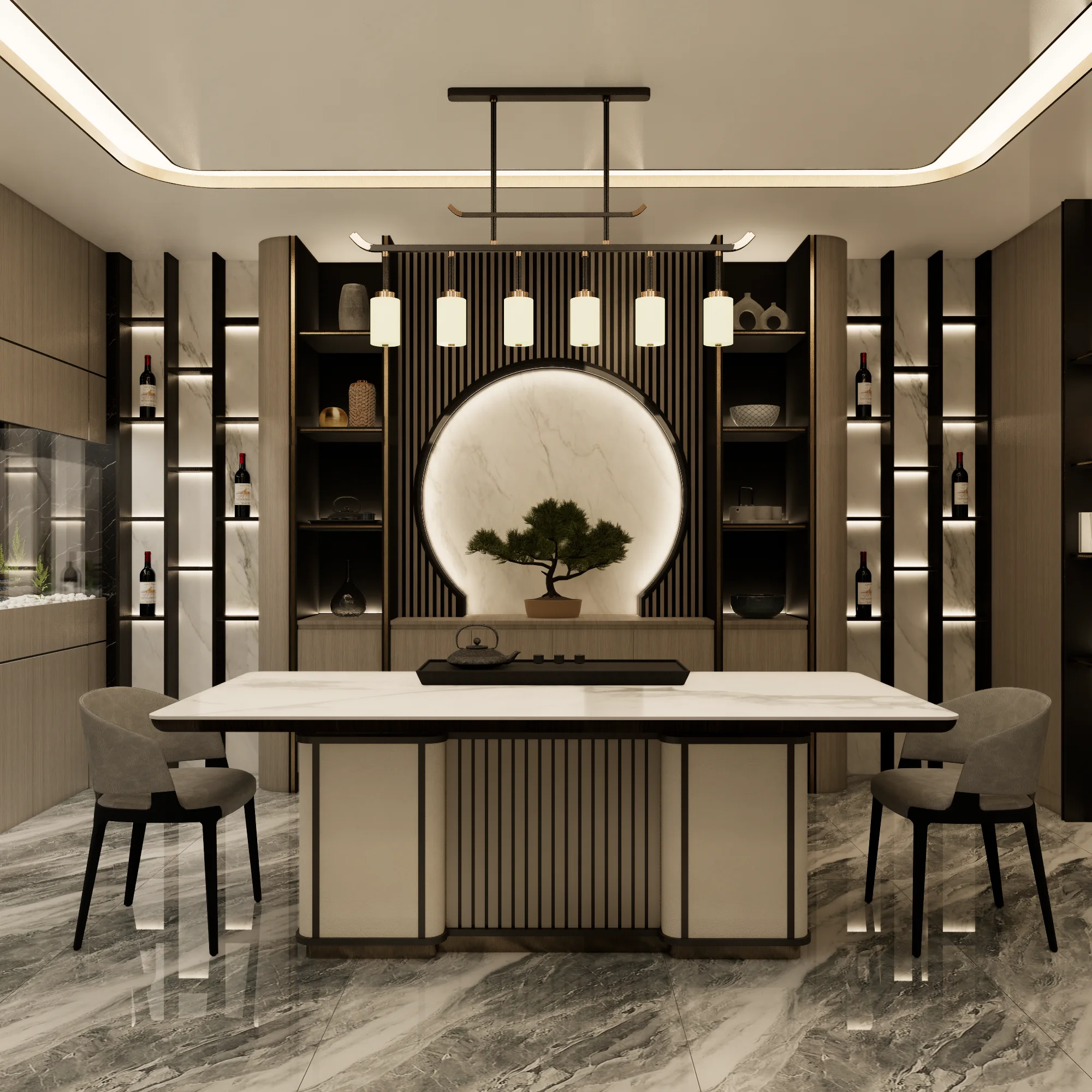 The same tea room finished, with timber shelving, a lit marble disc and a stone table