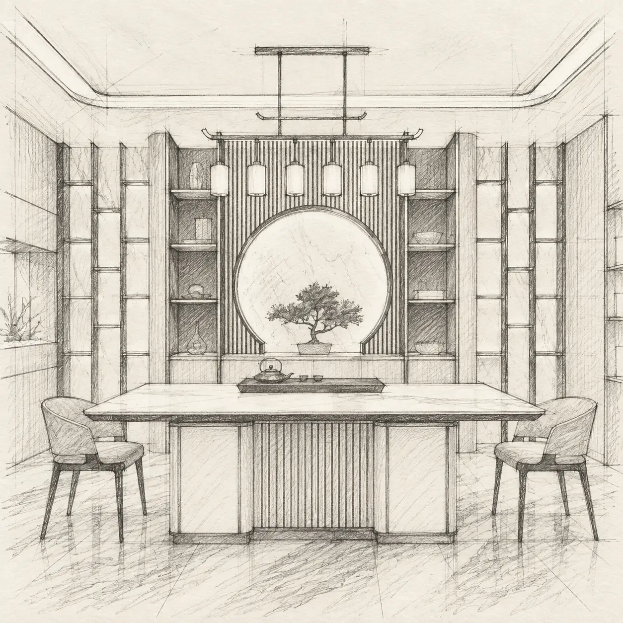 Pencil sketch of a tea room: a round shelf behind a long table