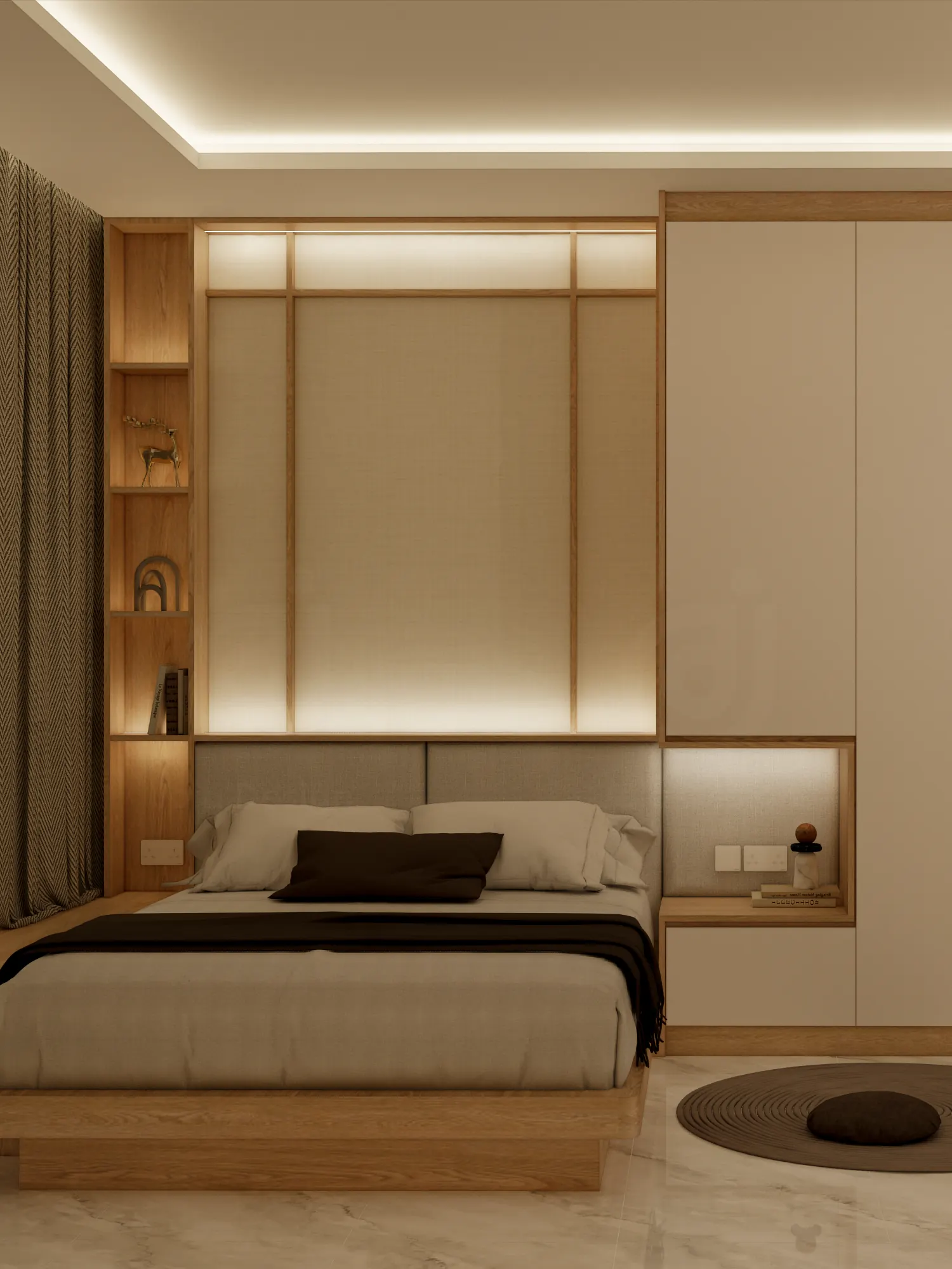 Bedroom in pale timber with a low bed and soft cove lighting