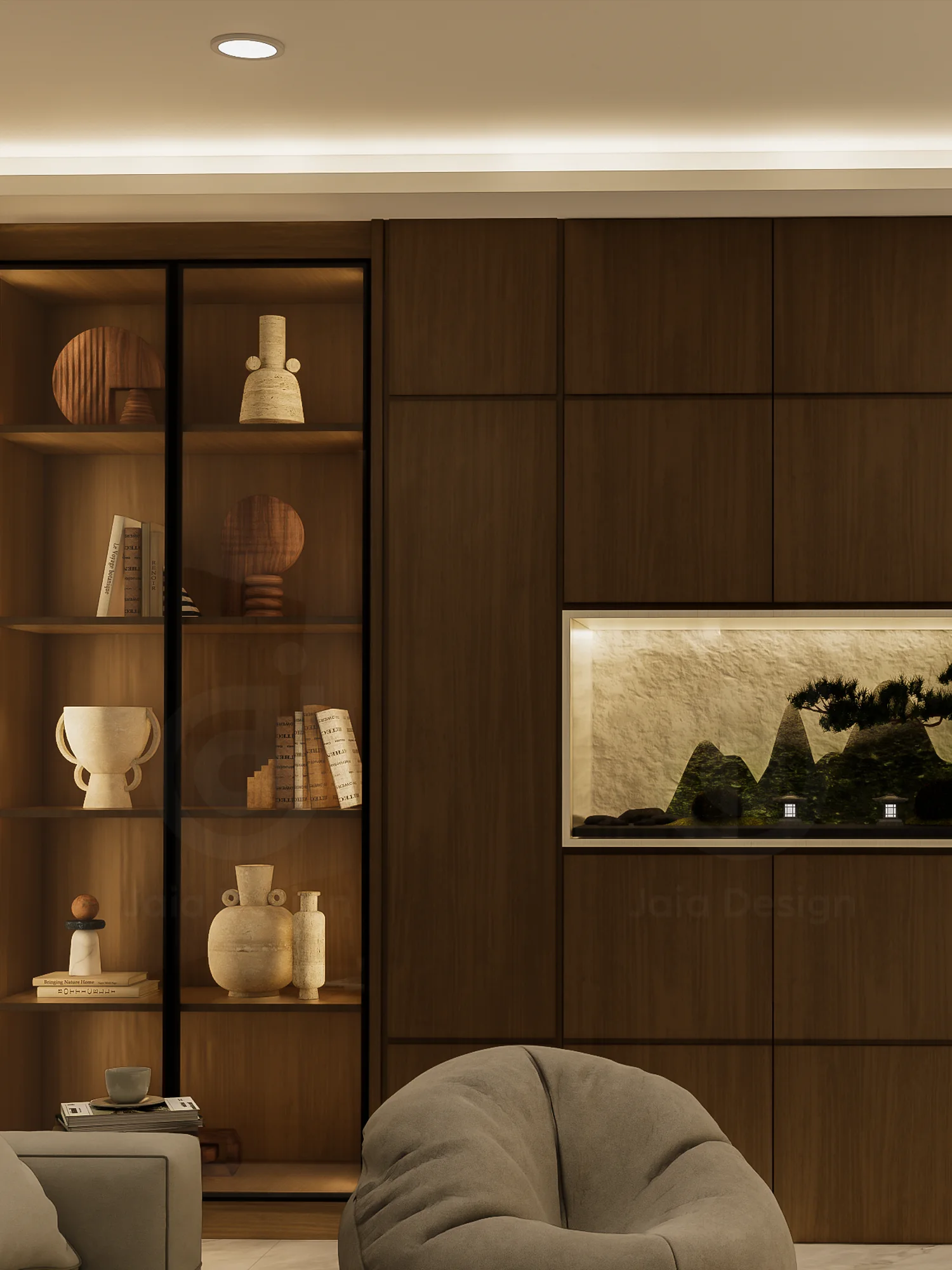 Timber wall with a lit bonsai niche beside glass shelves of ceramics and books